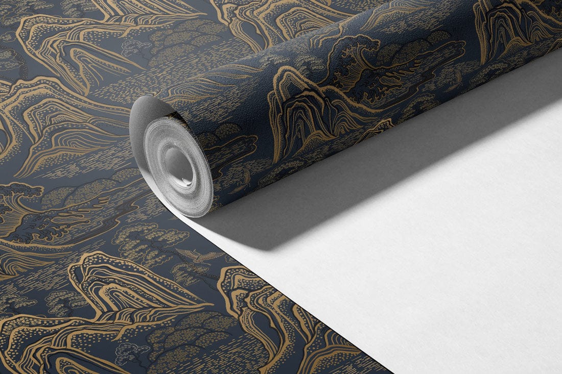 Elegant dark gold oriental landscape pattern wallpaper, suitable for modern interiors, on roll.