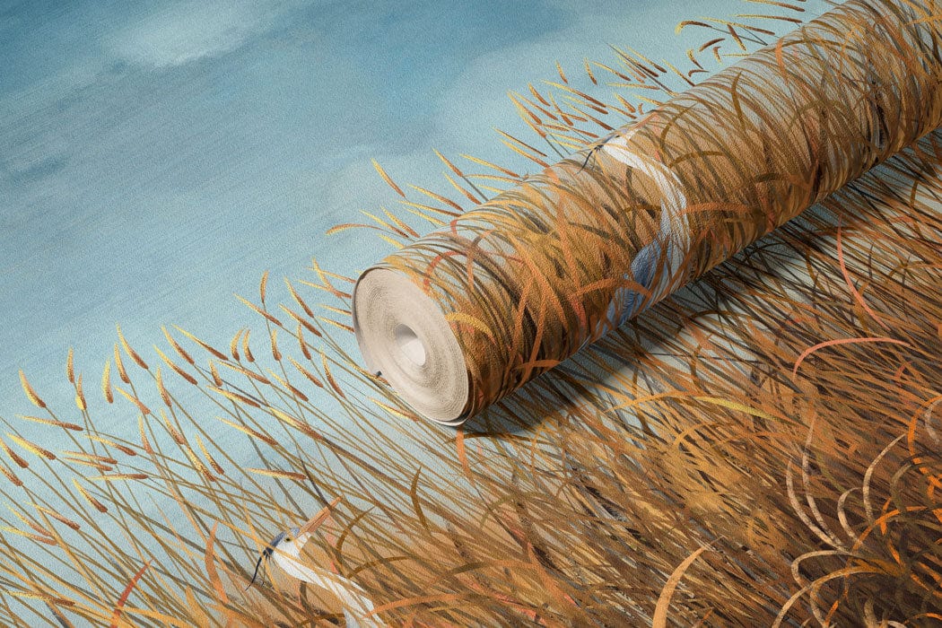 Tranquil Waterscape mural wallpaper with birds and grass, blue backdrop, autumnal scene, nature-inspired design.