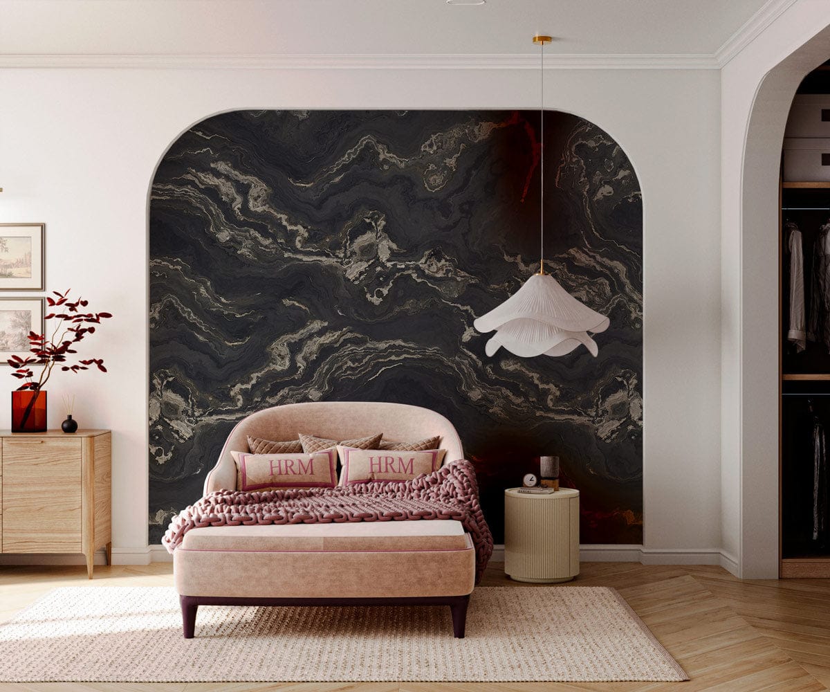 Charcoal Marble Effect Textured Wallpaper in elegant bedroom with pink sofa, wooden flooring, and pendant light.