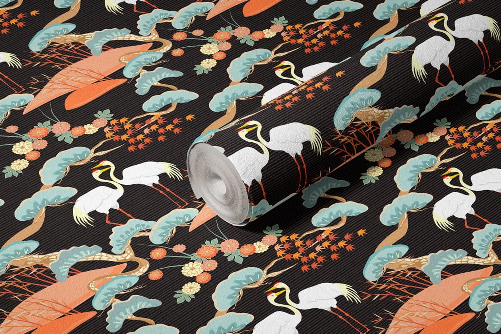 Vintage Japanese Crane nature pattern wallpaper, black and orange mural, featuring intricate designs.