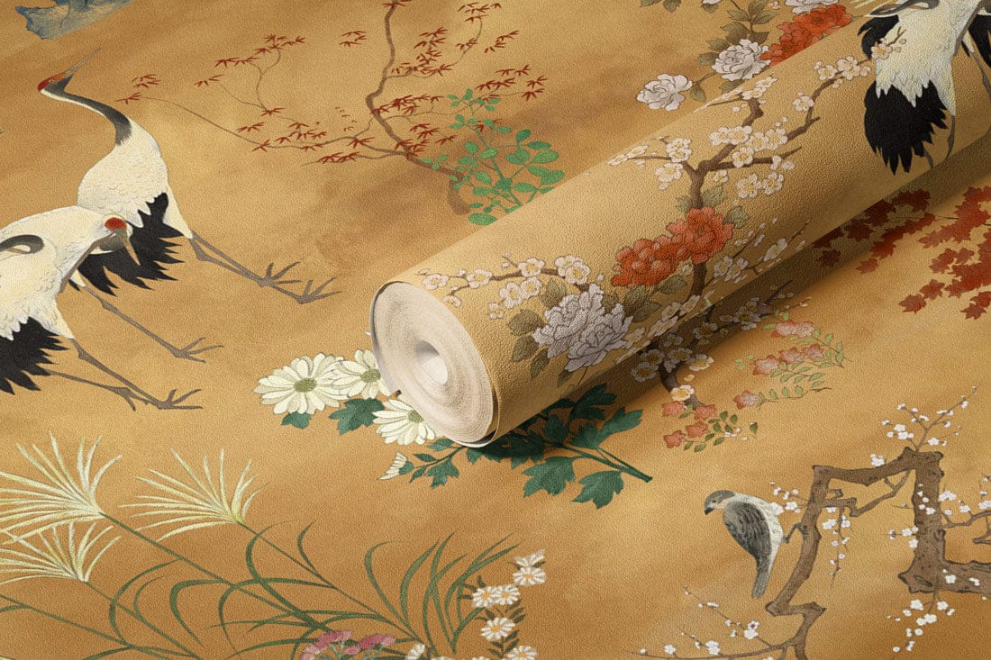 Elegant vintage crane and floral mural wallpaper roll in warm earth tones with intricate botanical designs.