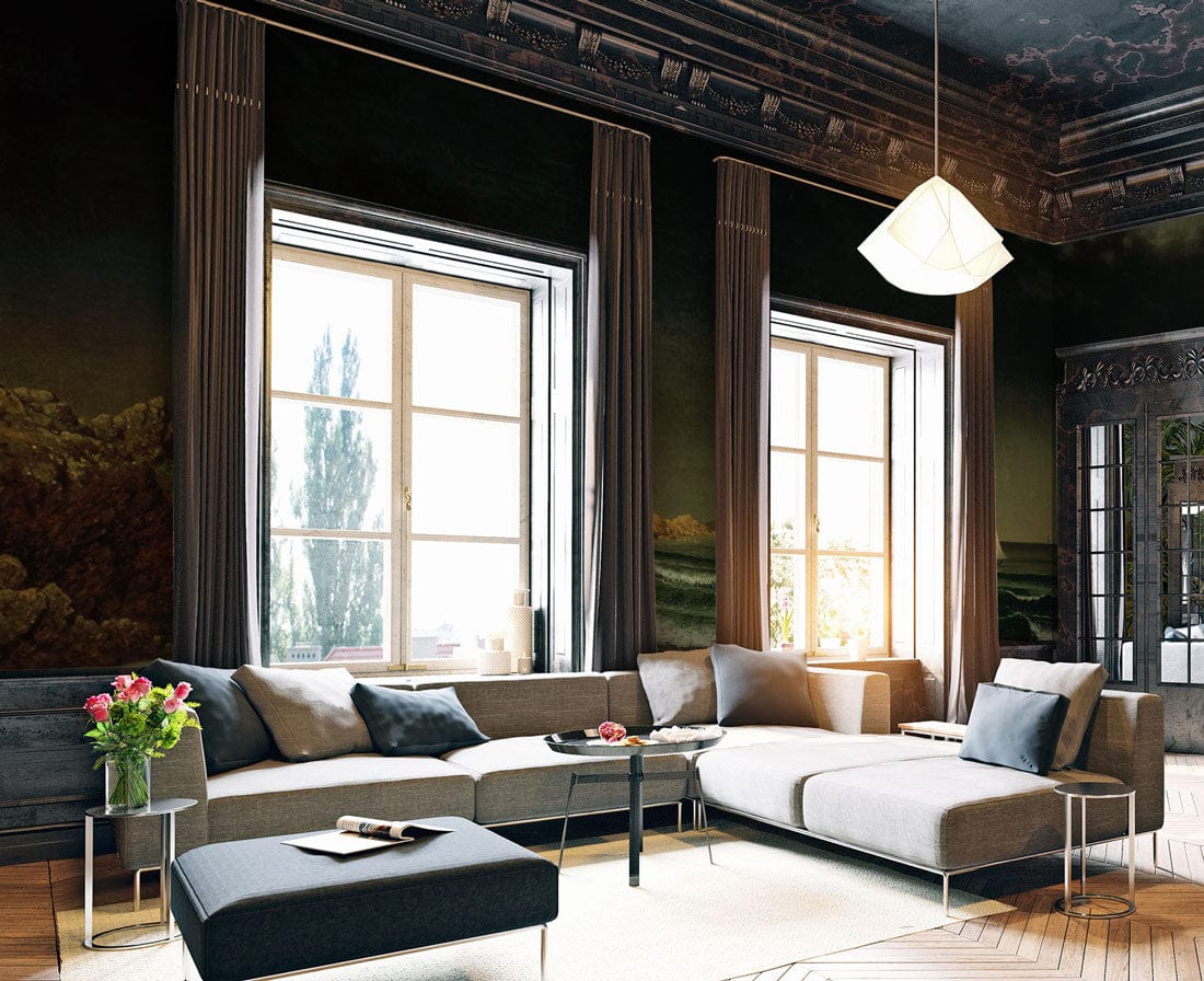 Dark moody coastal mural wallpaper with grey sectional sofa, wooden flooring, and pendant light in lounge.