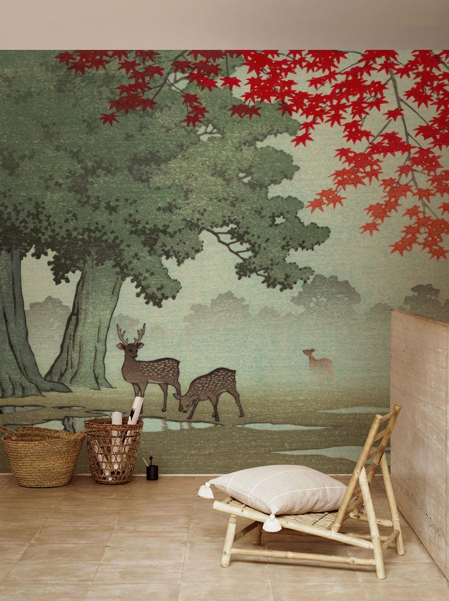 Misty Forest Deer Mural with Red Autumn Leaves, bamboo chair, neutral tiles in serene room.