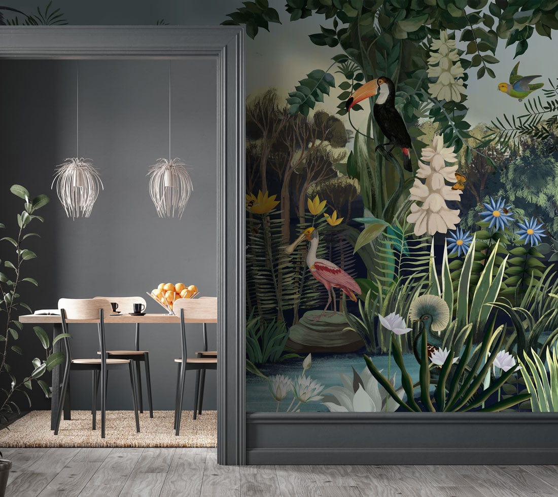 Elegant Jungle Dream Mural: Tropical Wallpaper, dining room setting, grey walls, wooden chairs, pendant lights.