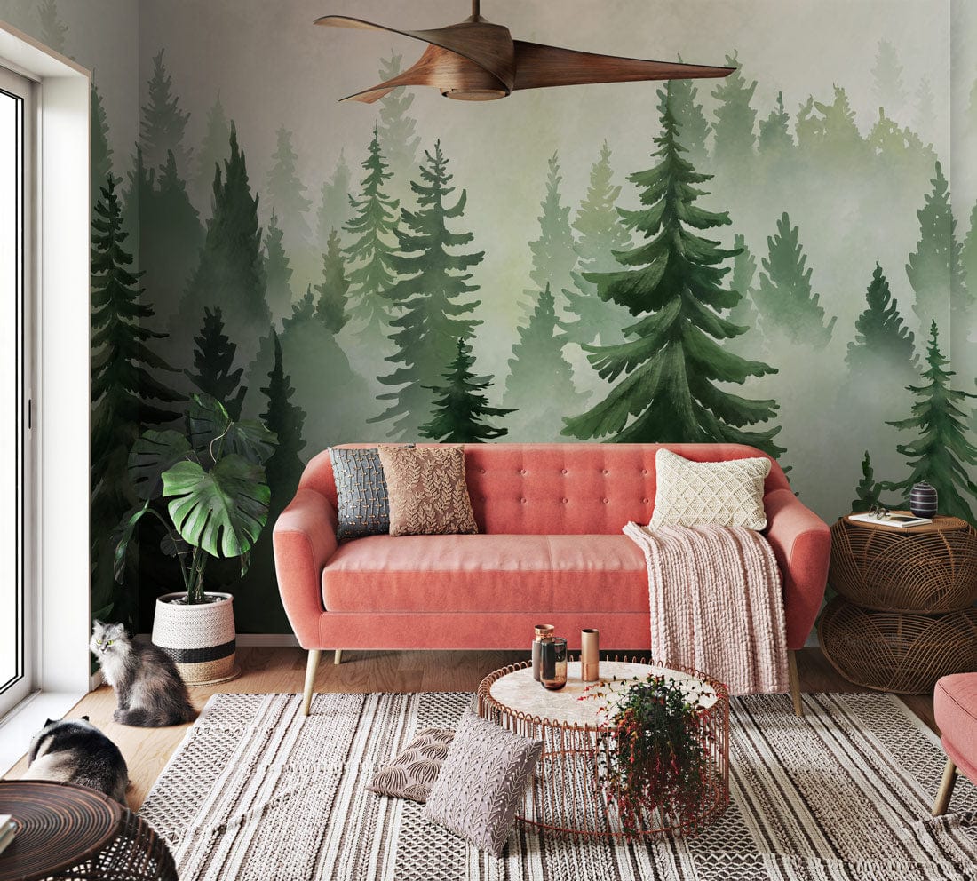 Serene Forest Mist Watercolour Wallpaper, pink sofa, natural flooring, stylish living room decor, dimension included.