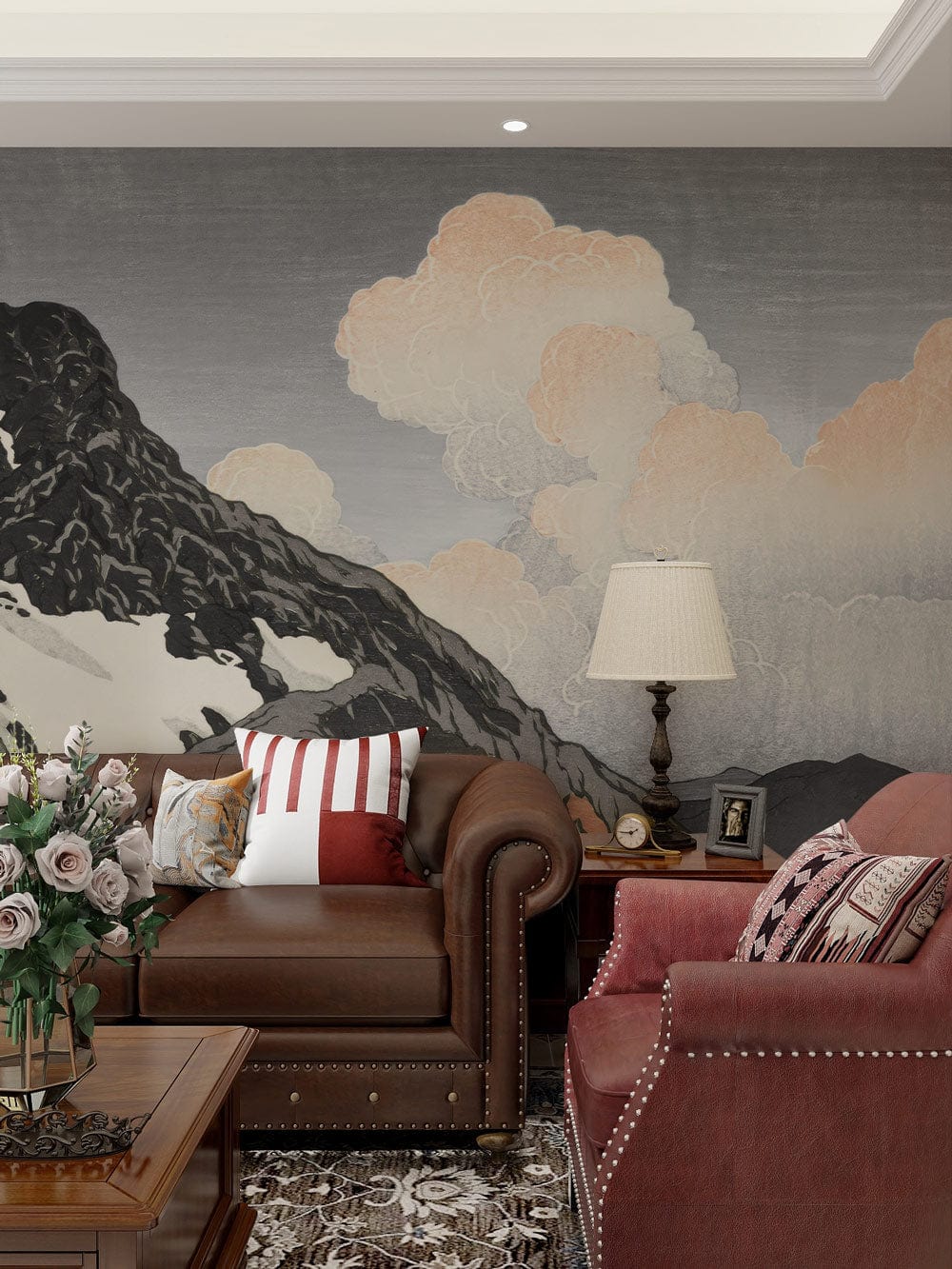 Vintage Mountain Landscape Mural on wall, leather sofas, ornate rug, wooden table, stylish living room decor.