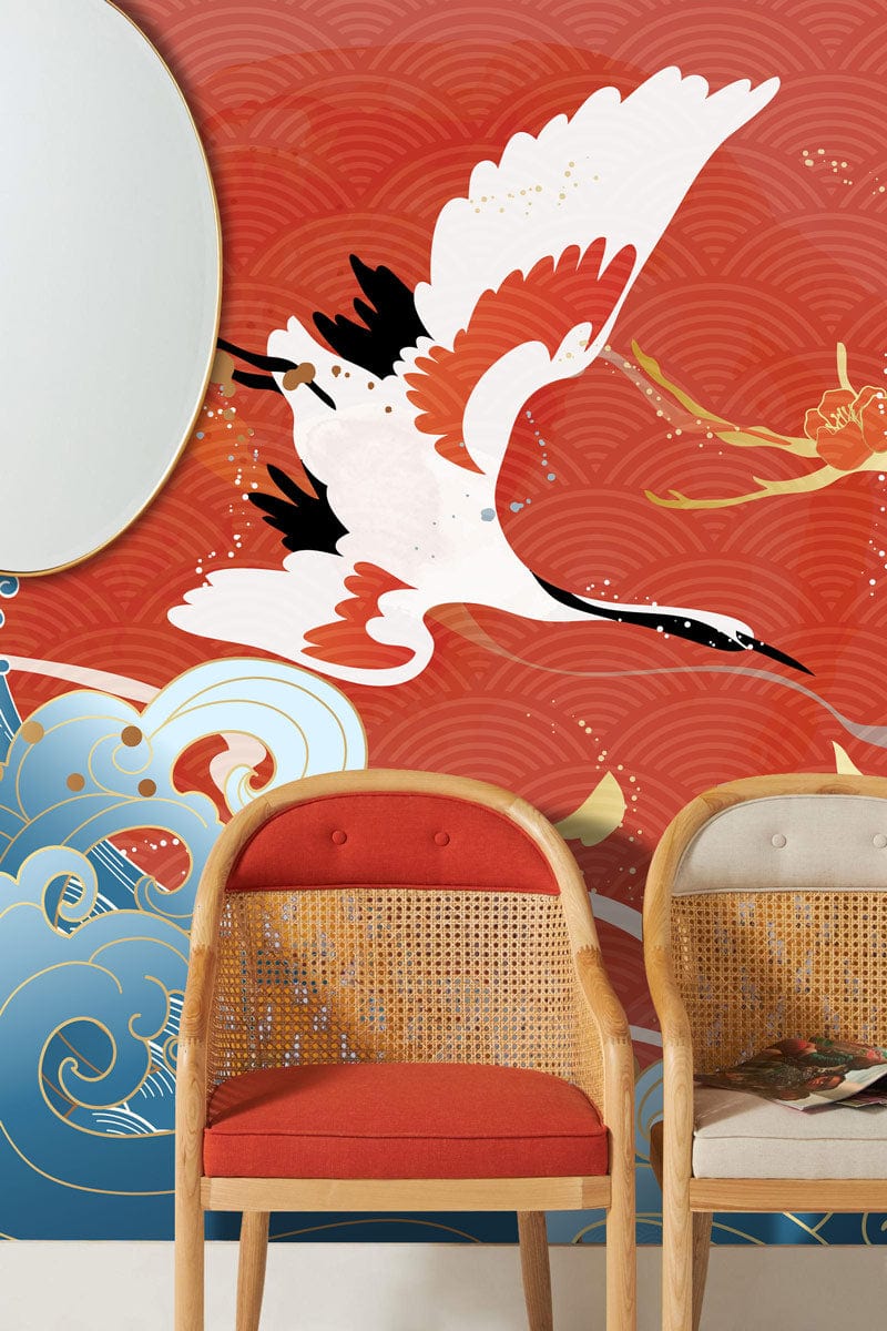 Japanese Crane Serenity Mural Wallpaper with red and blue waves, colourful chairs, and round mirror.