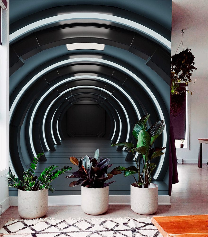 Futuristic blue neon tunnel mural wallpaper, modern living room, potted plants, light wooden flooring.
