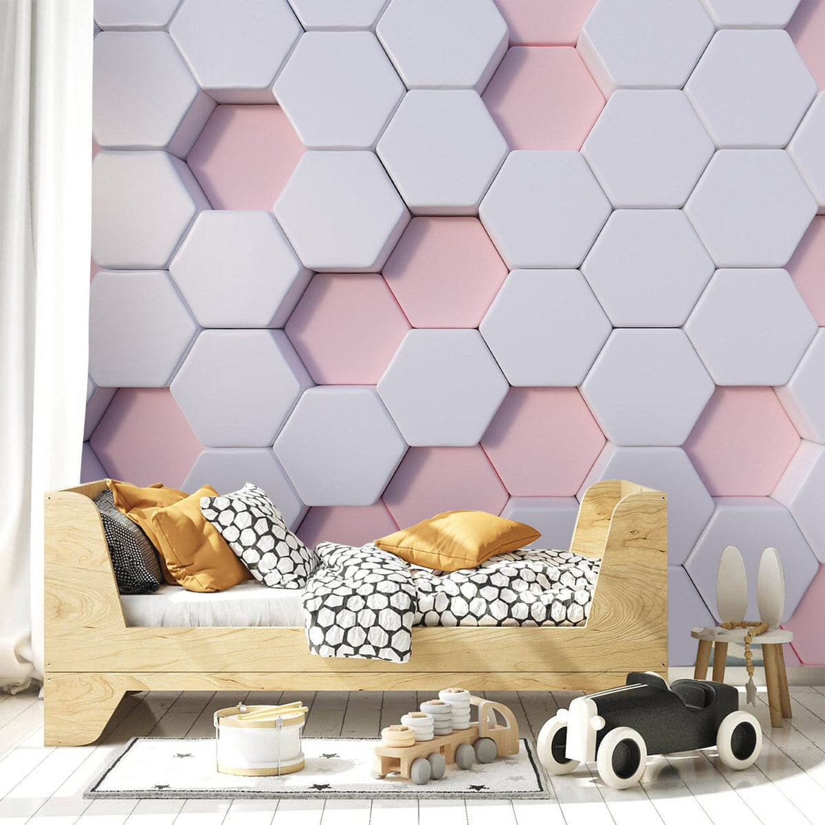 Modern hexagonal blush white 3D geometric wallpaper, wooden bed, Scandinavian decor, children's room design.