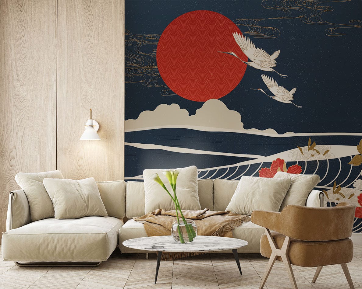 Japanese Crane mural wallpaper features red sun, floral waves; beige sofa, wooden wall, modern lounge.