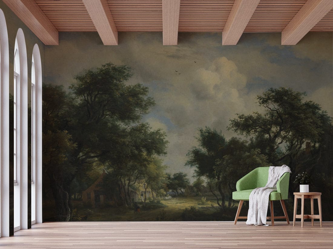 Rustic countryside mural in earthy tones, arched windows, beamed ceiling, green armchair, wooden flooring.