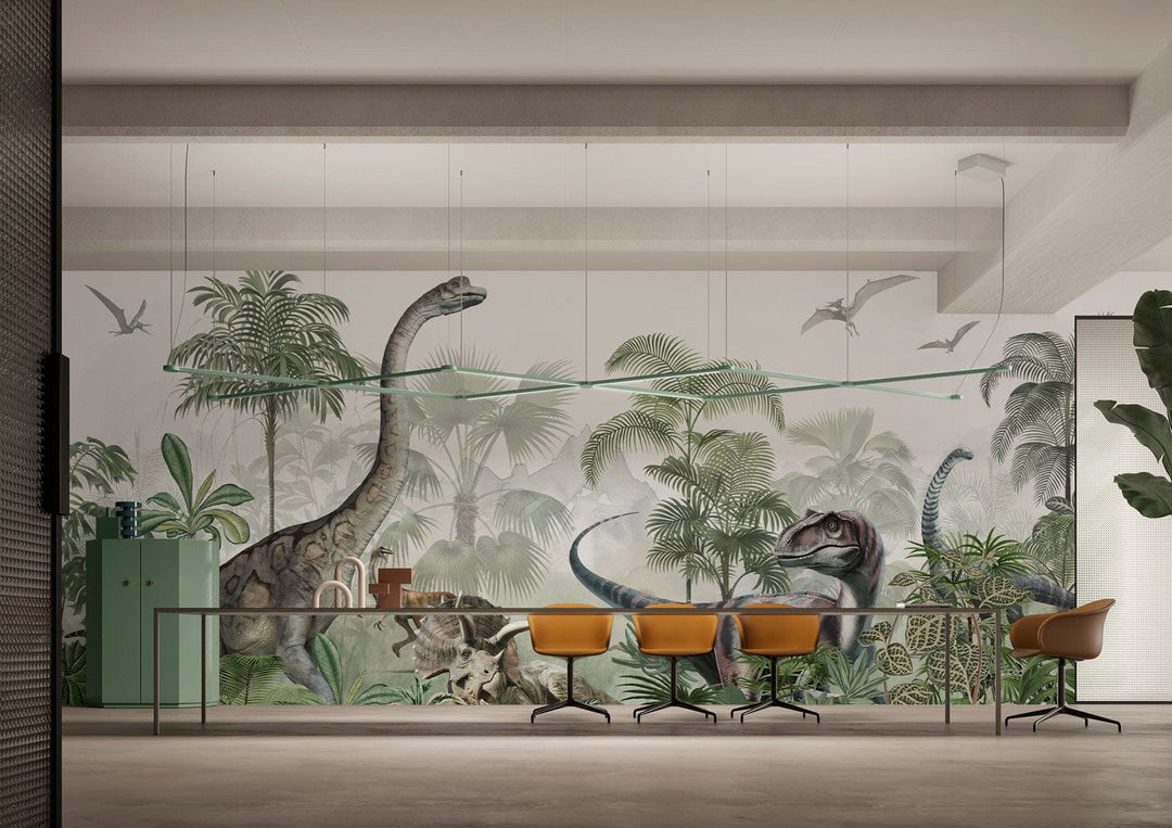 Jurassic Jungle Dinosaur Mural Wallpaper in green tones, office setting, with yellow chairs and desk.