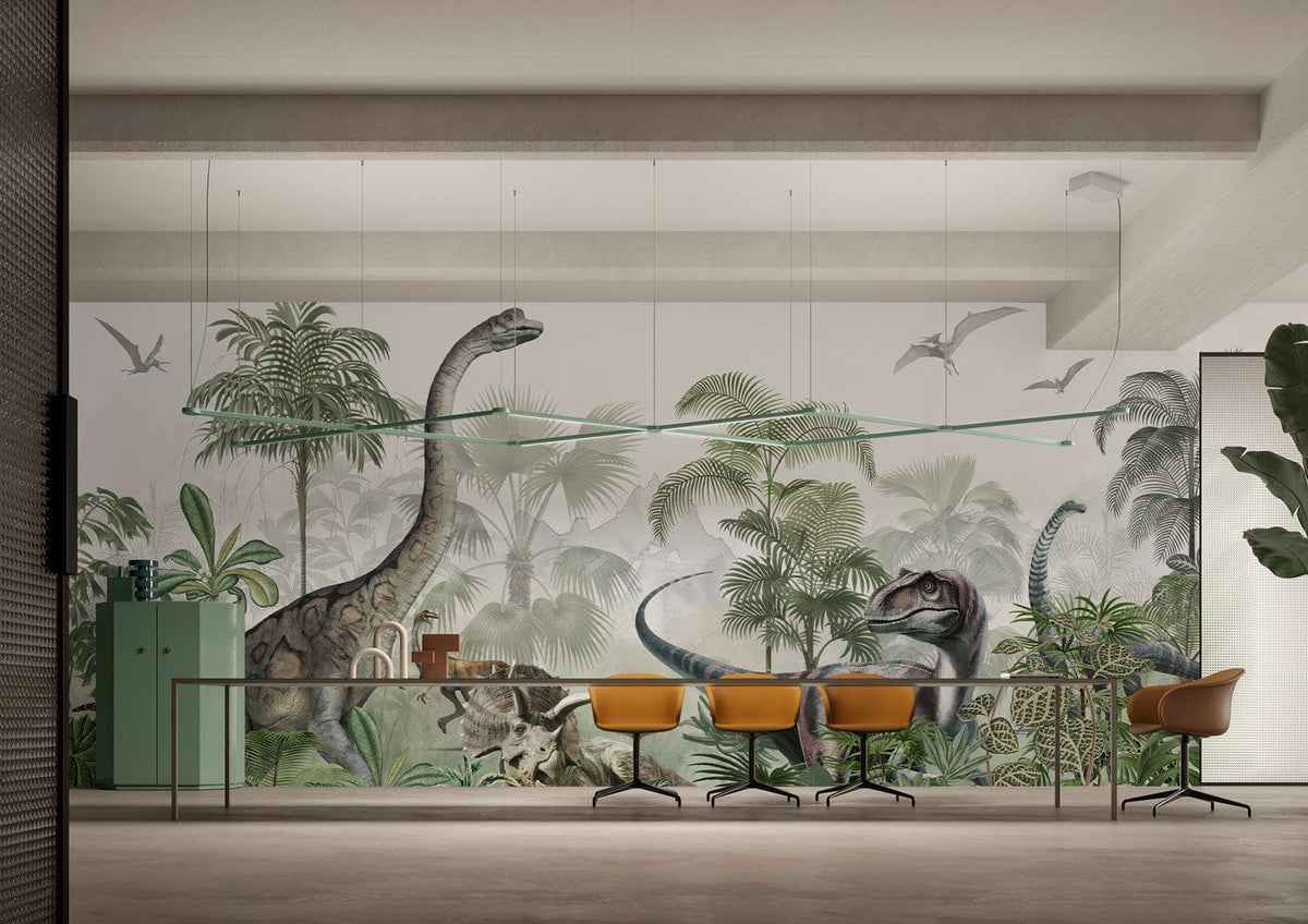 Jurassic Jungle Dinosaur Mural Wallpaper in green tones, office setting, with yellow chairs and desk.
