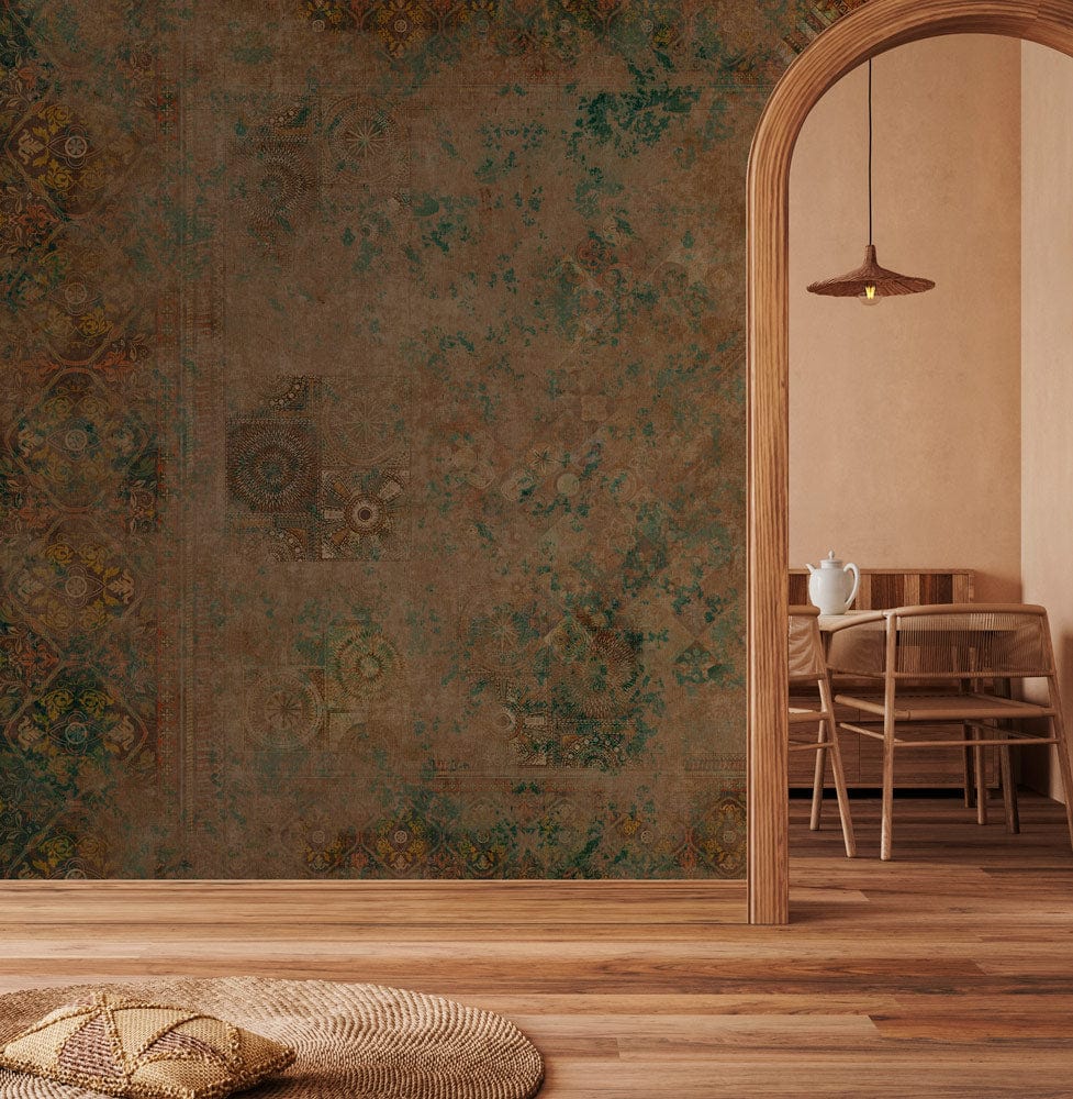 Vintage Earth Toned Distressed Ornamental Wallpaper, wooden flooring, archway, dining area with wooden chairs.