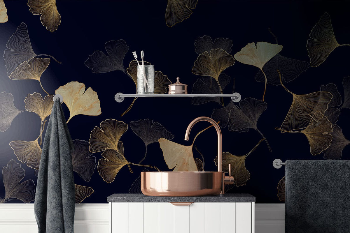 Elegant gold and navy ginkgo leaf mural in bathroom with copper sink and modern decor.