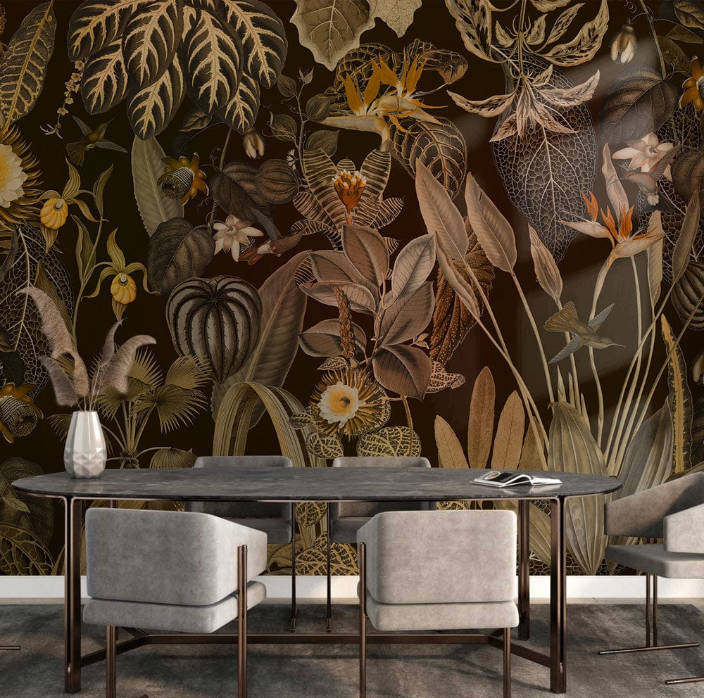Vintage botanical wallpaper in dining room, dark floral design, grey chairs, marble table, stylish decor.