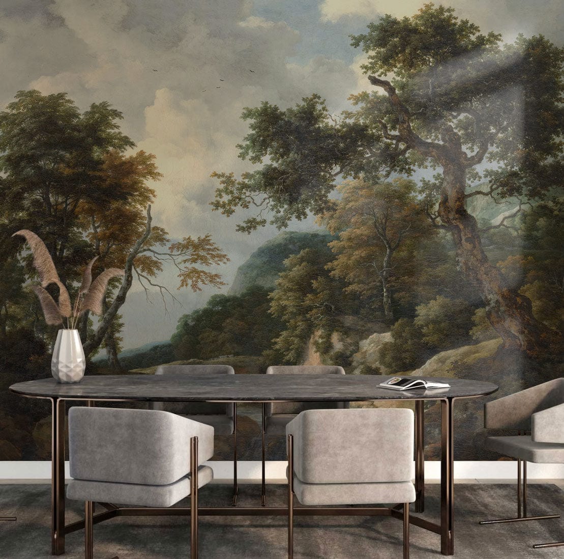 Tranquil mural wallpaper featuring forest stream; earthy tones in dining room, modern chairs, dark wood flooring.