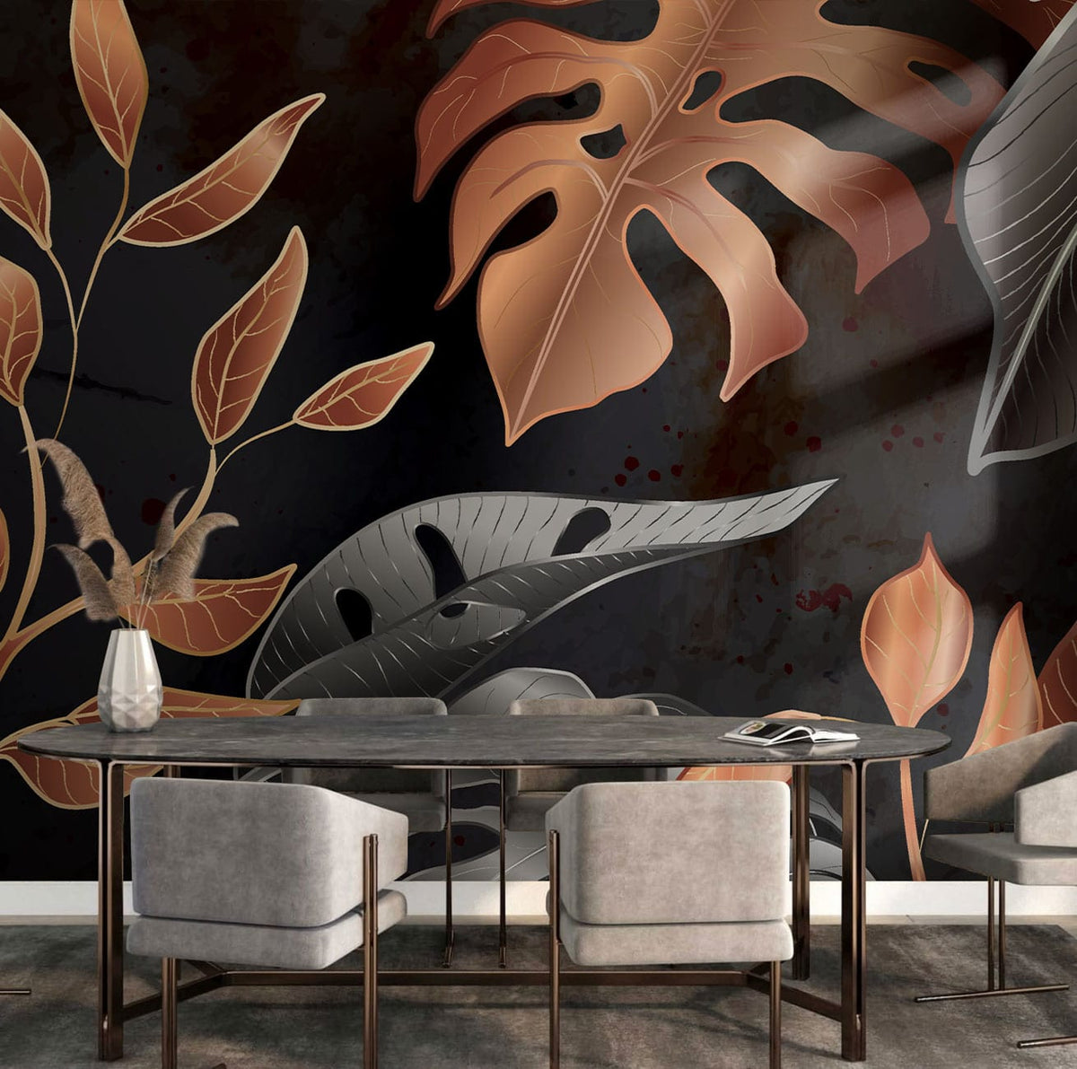 Luxury botanical wallpaper in copper and silver tones, modern black setting, grey chairs, wood flooring.