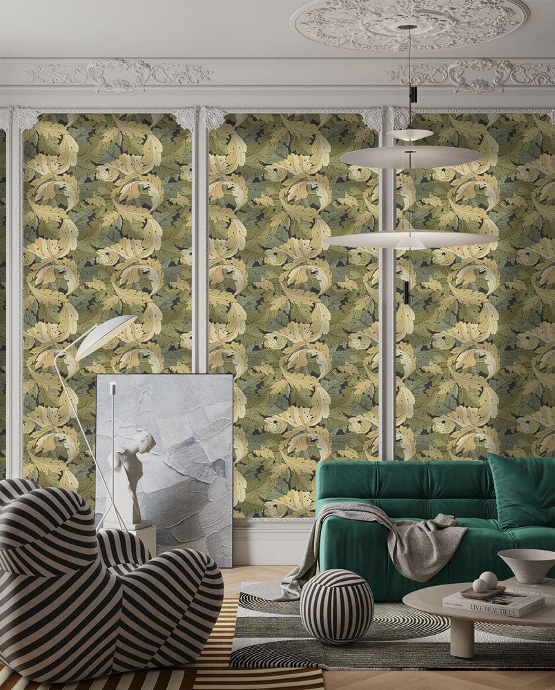 Vintage botanical wallpaper in olive green adorns living room with green sofa and modern lighting.