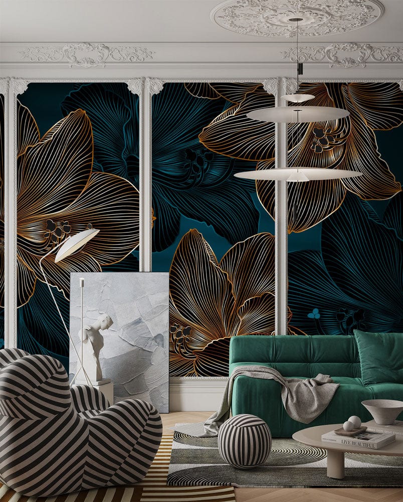 Elegant Midnight Blue Floral Wallpaper with Copper Accents in Luxurious Living Room; Green Sofa, Modern Decor.