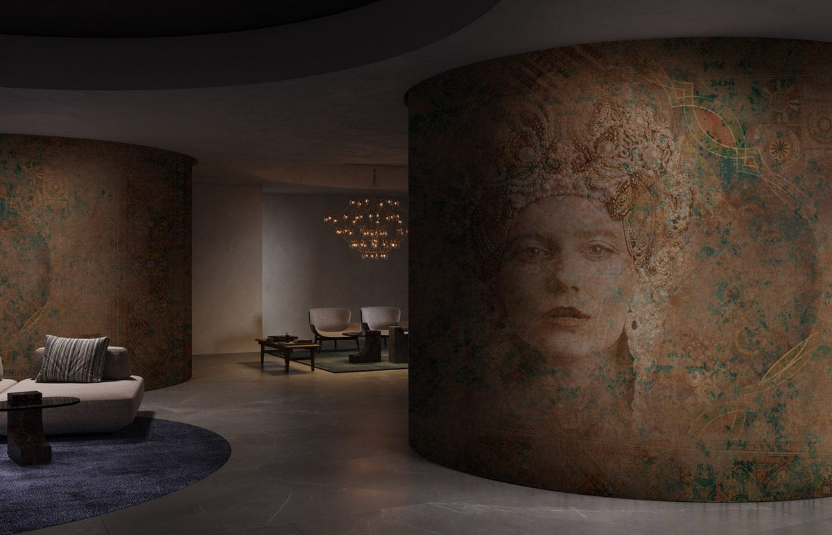 Mystical vintage teal sepia mural wallpaper in elegant room with modern furniture and unique lighting.