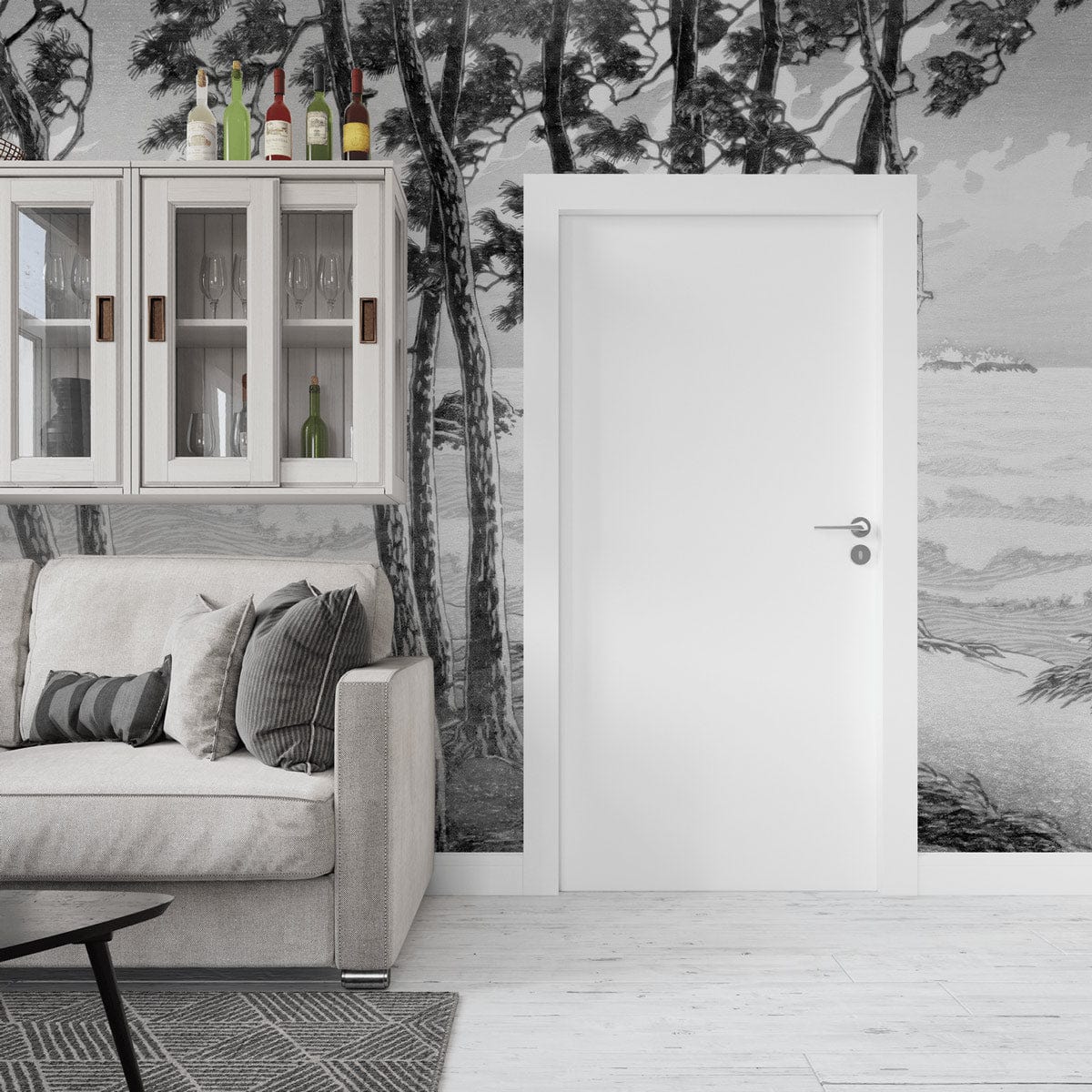 Grey-toned coastal forest wallpaper with sofa, wooden flooring, glass cabinet, white door in modern room.