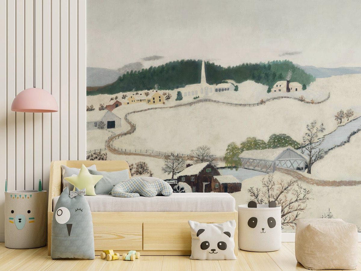 Vintage Winter Countryside Mural Wallpaper in nursery with wooden bed, playful cushions, and light flooring.