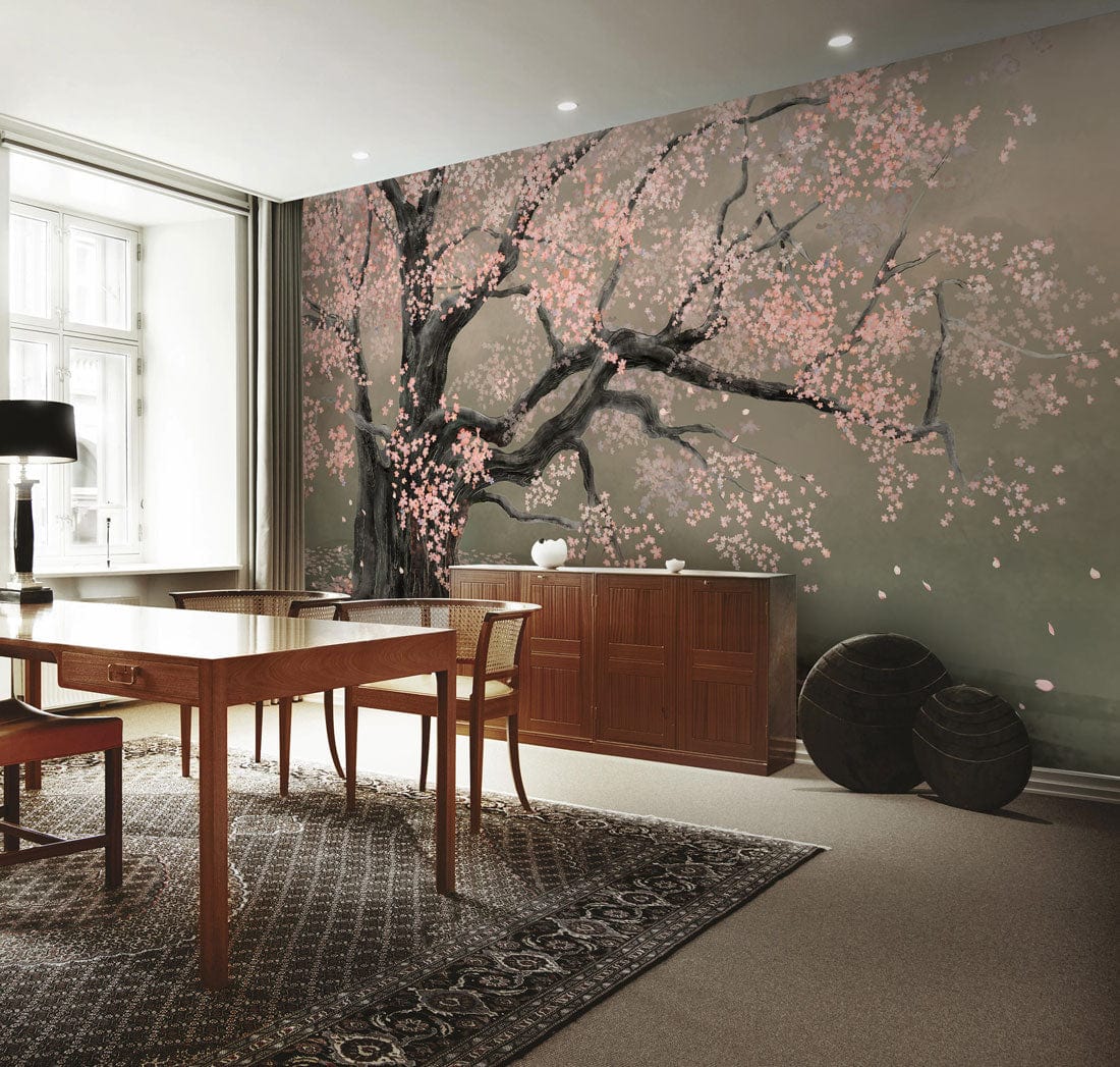 Dining room with Elegant Cherry Blossom Tree Mural Wallpaper; wooden table, chairs, carpet, neutral walls.