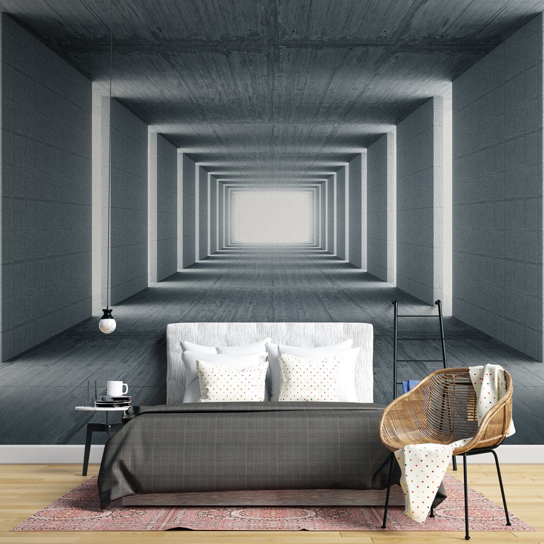 Abstract Grey Tunnel Mural Wallpaper in bedroom with grey bed, wicker chair, wooden floor, modern design.