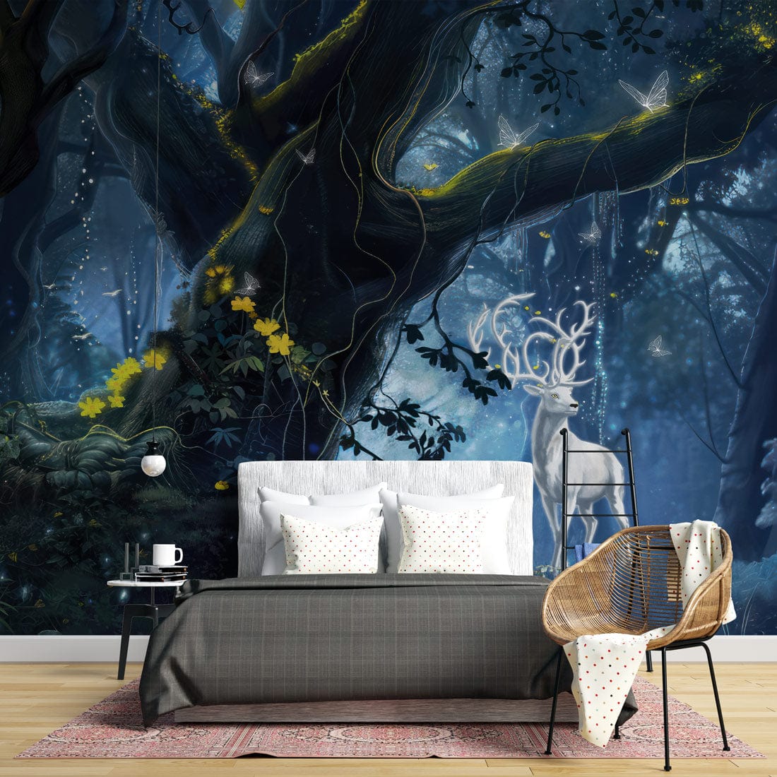 Mystical Enchanted Forest Stag Wallpaper in bedroom with modern bed, wicker chair, hardwood flooring.