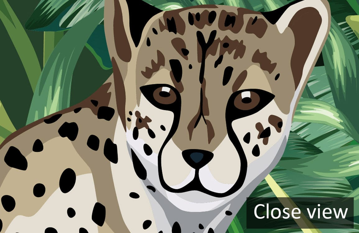 Close-up of Tropical Jungle Safari Animals Mural Wallpaper, in lush green and brown tones, cheetah motif.