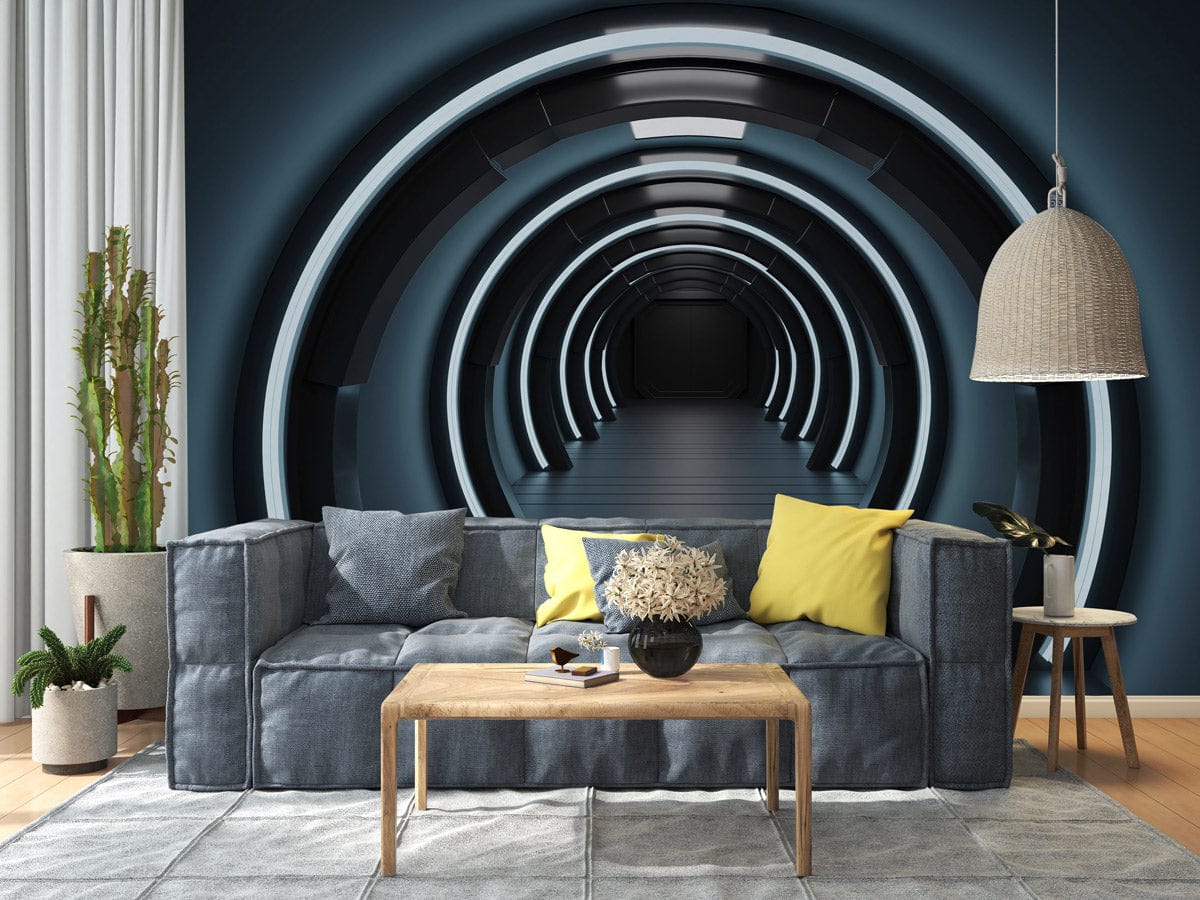 Futuristic blue neon tunnel mural, grey sofa, wooden flooring, modern room decor, natural light.