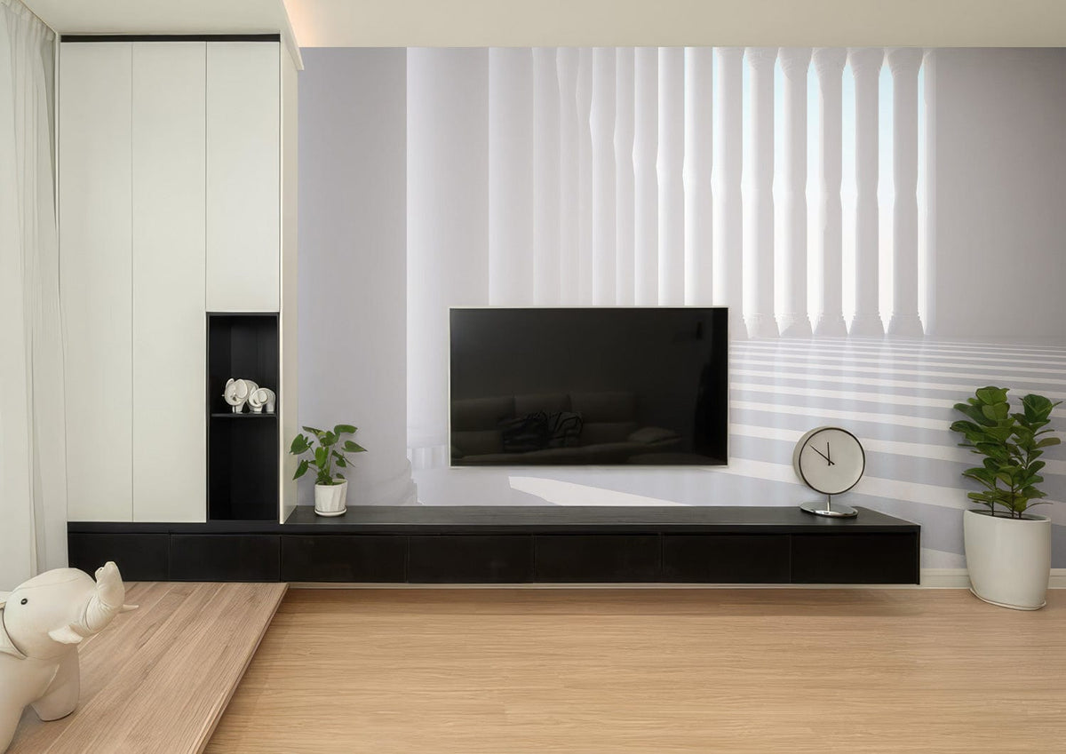 Elegant White Column Shadows Mural Wallpaper in minimalist living room with modern black TV unit.
