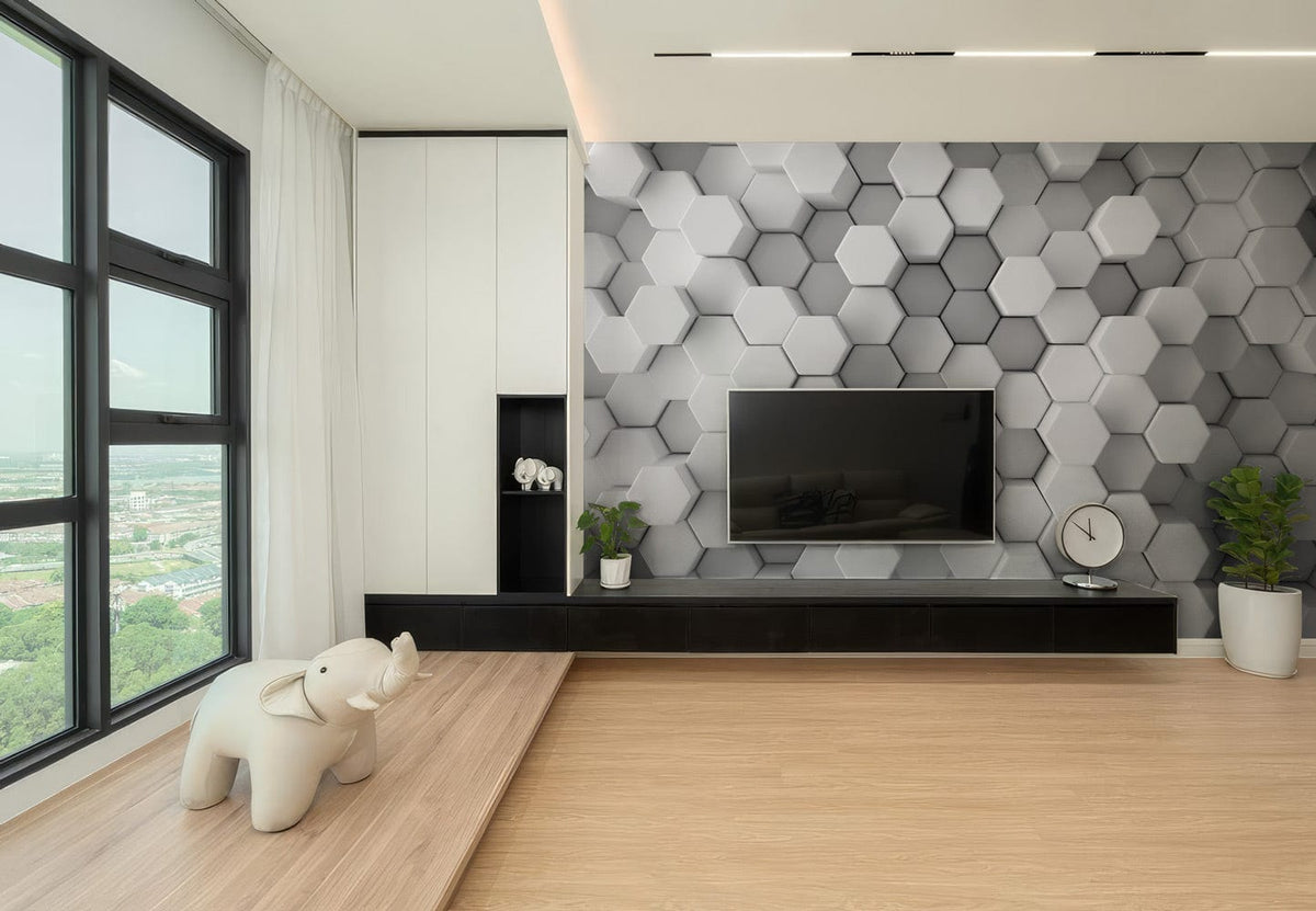 Modern grey hexagonal 3D geometric pattern wallpaper in stylish living room with wooden flooring.