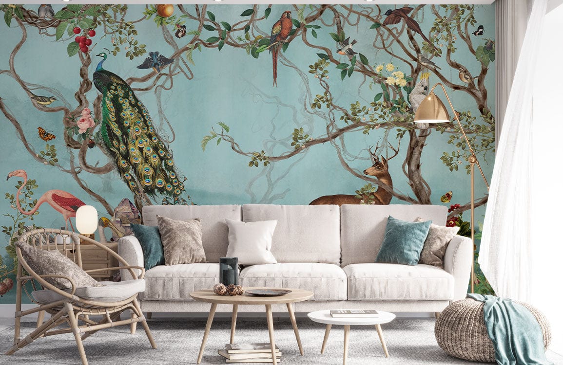 Vintage Pastel Woodland Wildlife Mural Wallpaper, exotic animals, beige sofa, rattan chair, stylish living room.