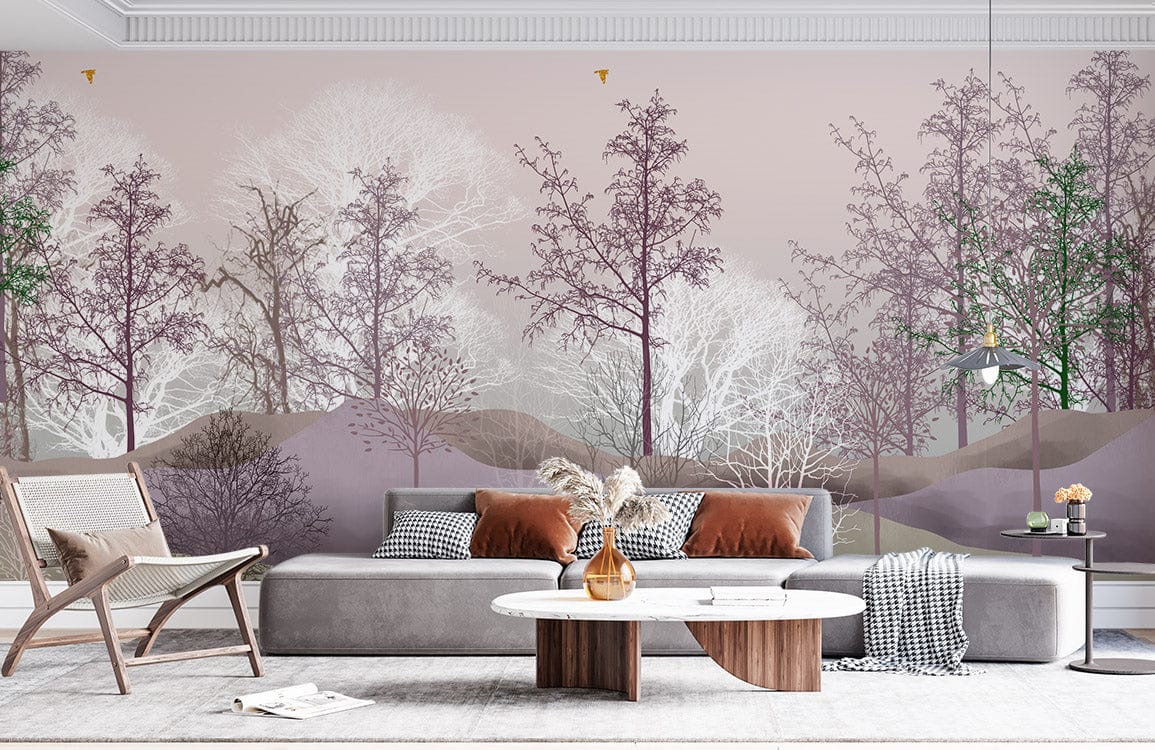 Tranquil Woodland Dreams mural in lounge with grey sectional sofa, modern chair, marble coffee table.