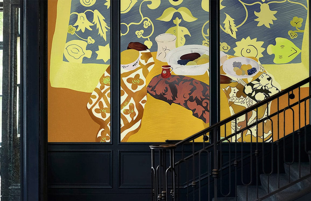 Contemporary Abstract Mural Wallpaper: Bold Yellow, Blue, and Brown Pattern Design
