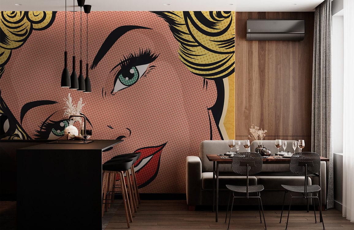 Pop Art Retro Style Mural Wallpaper in modern dining room with grey sofa, wood flooring, pendant lights.