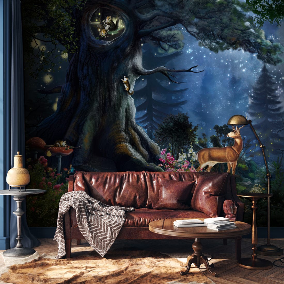Enchanted Forest Dreamscape mural; brown leather sofa, wooden flooring, mystical night forest decor setting.