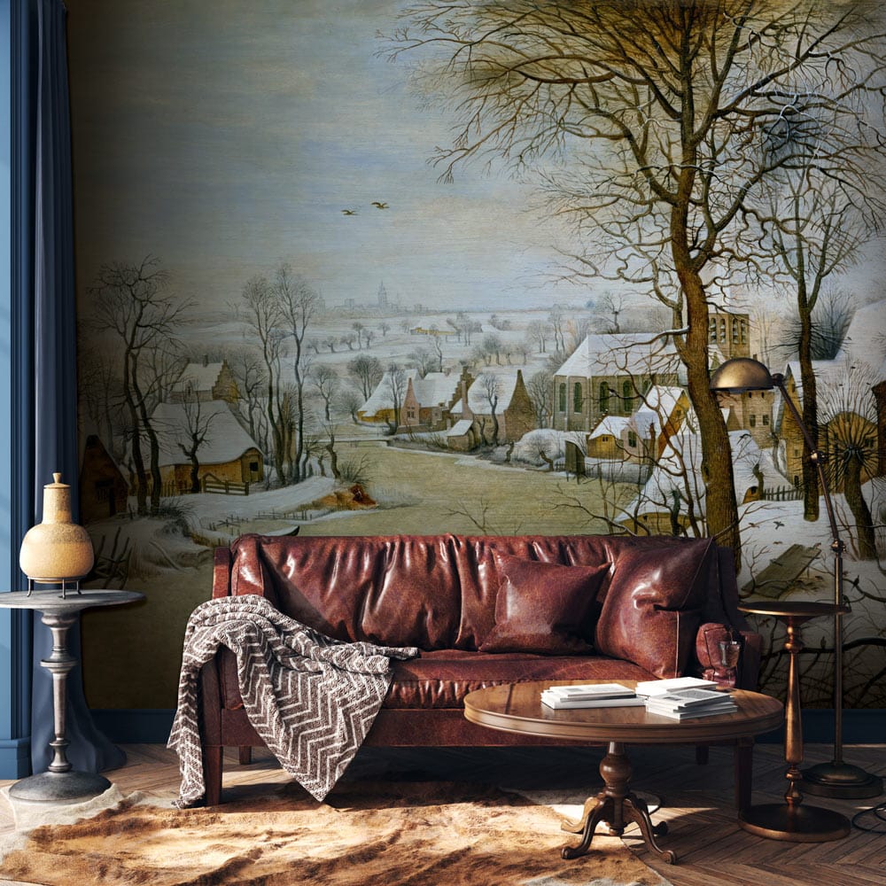 Vintage winter village mural wallpaper in living room with brown leather sofa, wooden table, blue curtain.