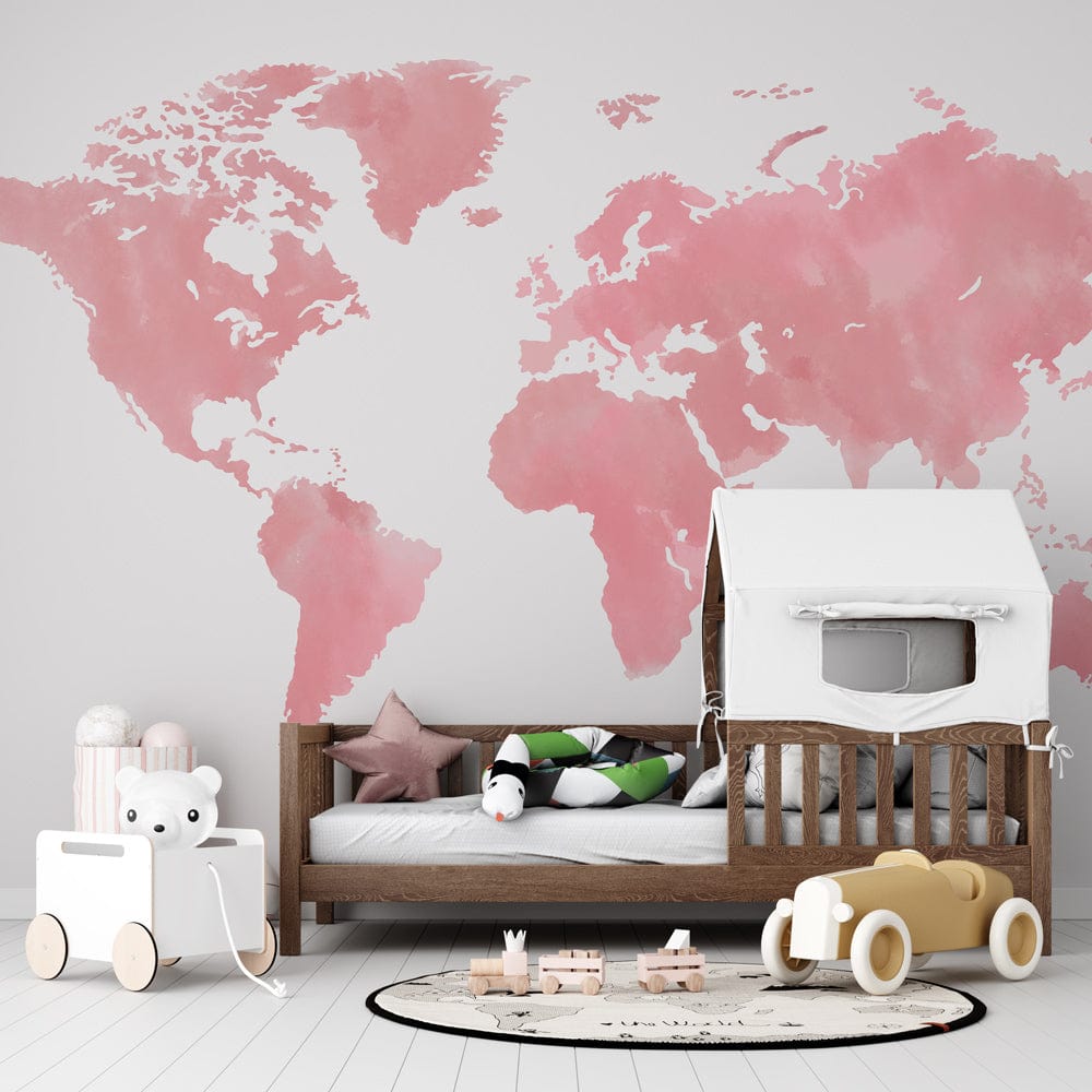 Blush pink map mural wallpaper in child's bedroom with wooden bed, playful decor, and modern accents.