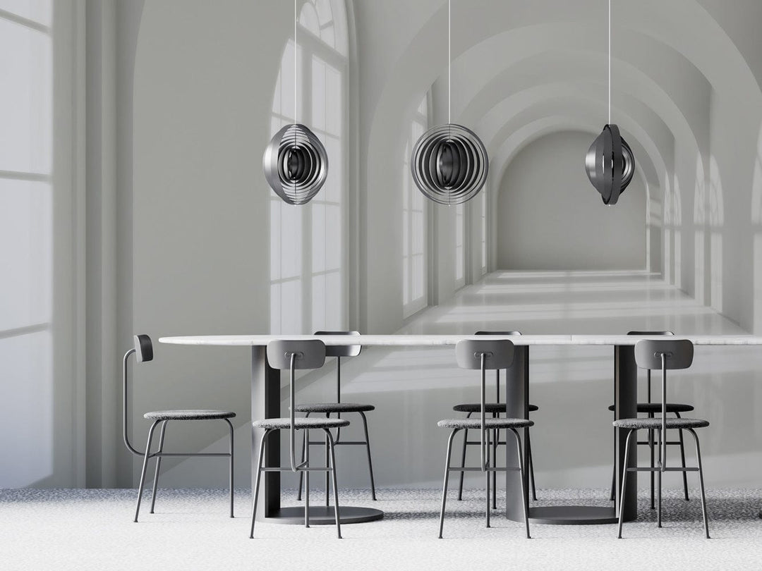Elegant white arched hallway mural in modern dining room with grey chairs, pendant lights, tiled flooring.