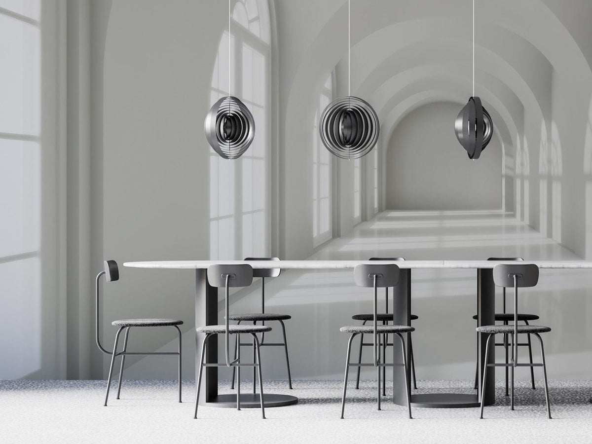 Elegant white arched hallway mural in modern dining room with grey chairs, pendant lights, tiled flooring.
