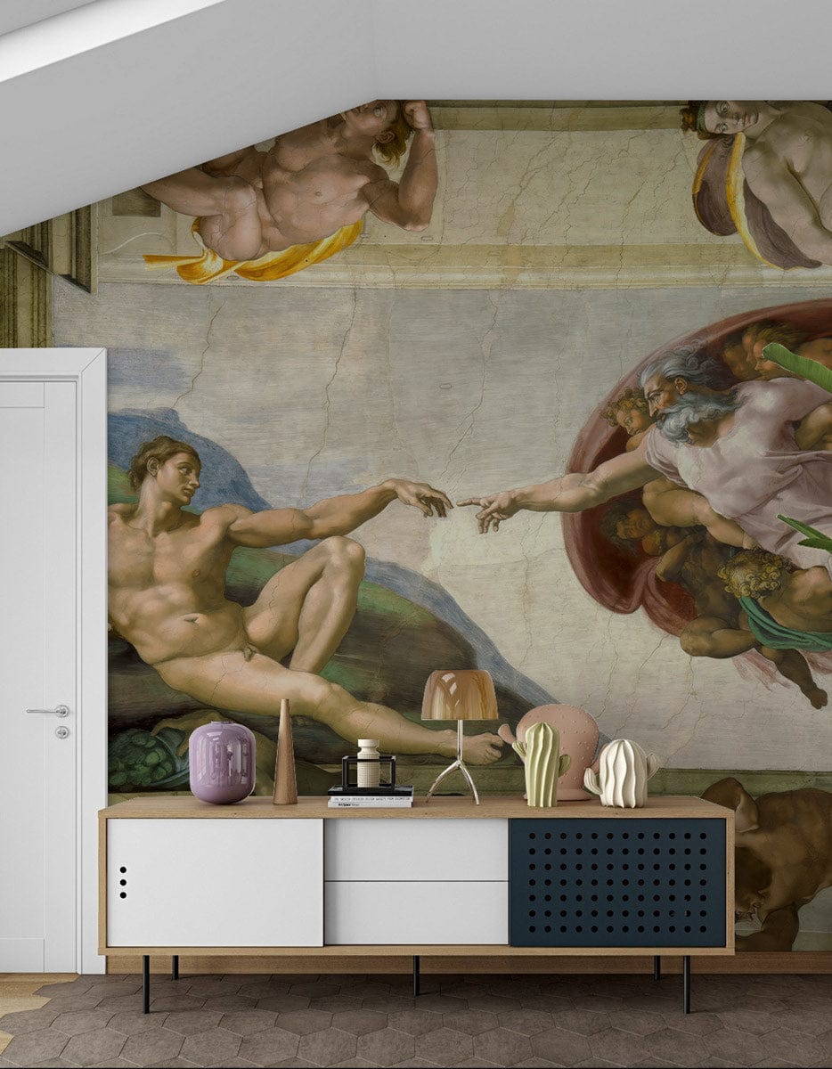 Renaissance Masterpiece Mural Wallpaper with artistic fresco design, modern sideboard, wood flooring, living room.