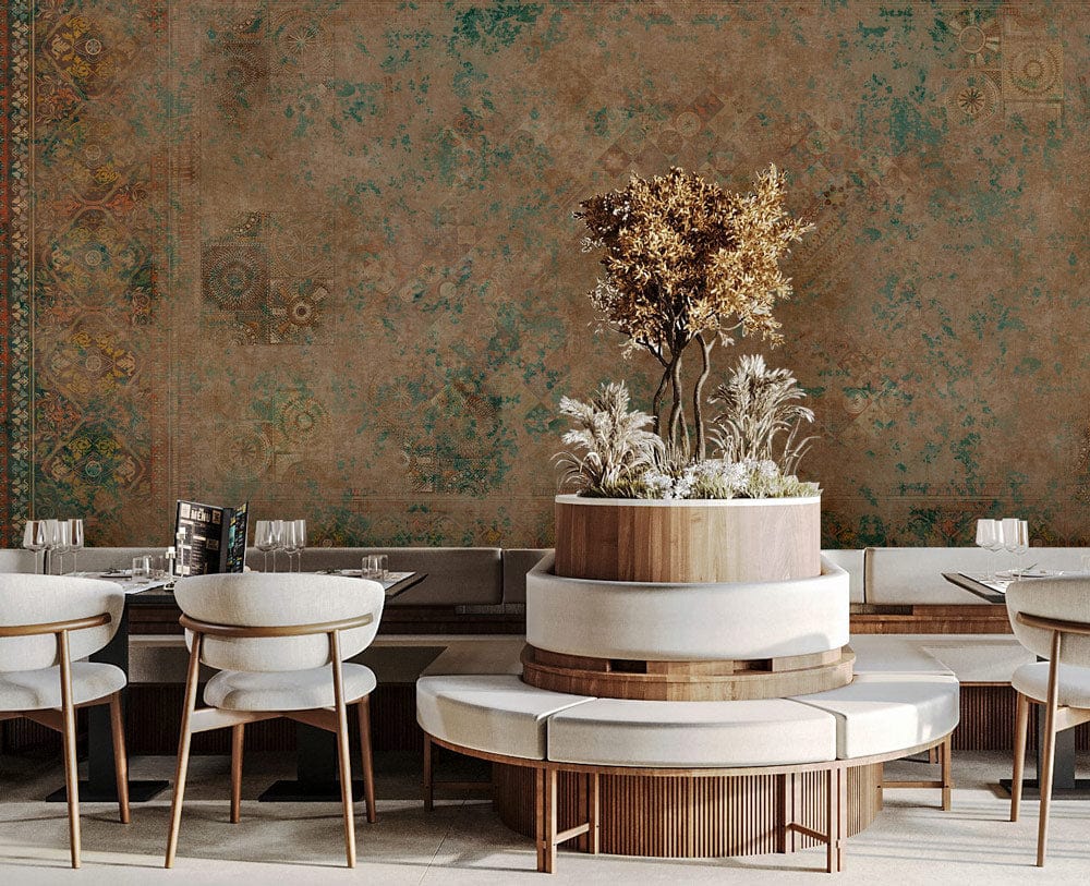 Vintage earth toned wallpaper in classic dining room, featuring beige chairs and round tables.