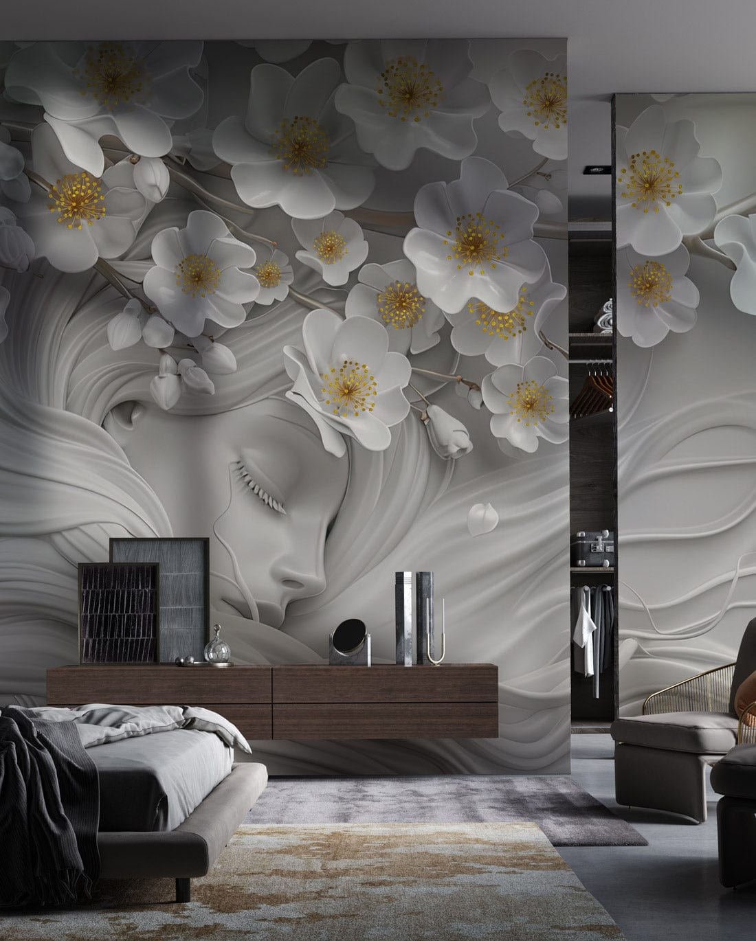 Tranquil Floral Dream 3D white blossoms mural in elegant bedroom with grey sofa, plush flooring.