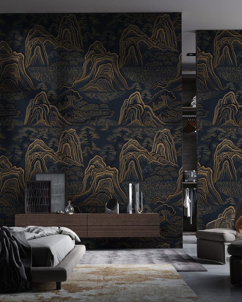 Elegant Dark Gold Oriental Wallpaper in modern bedroom, grey bed, wood flooring, minimalist decor elements.