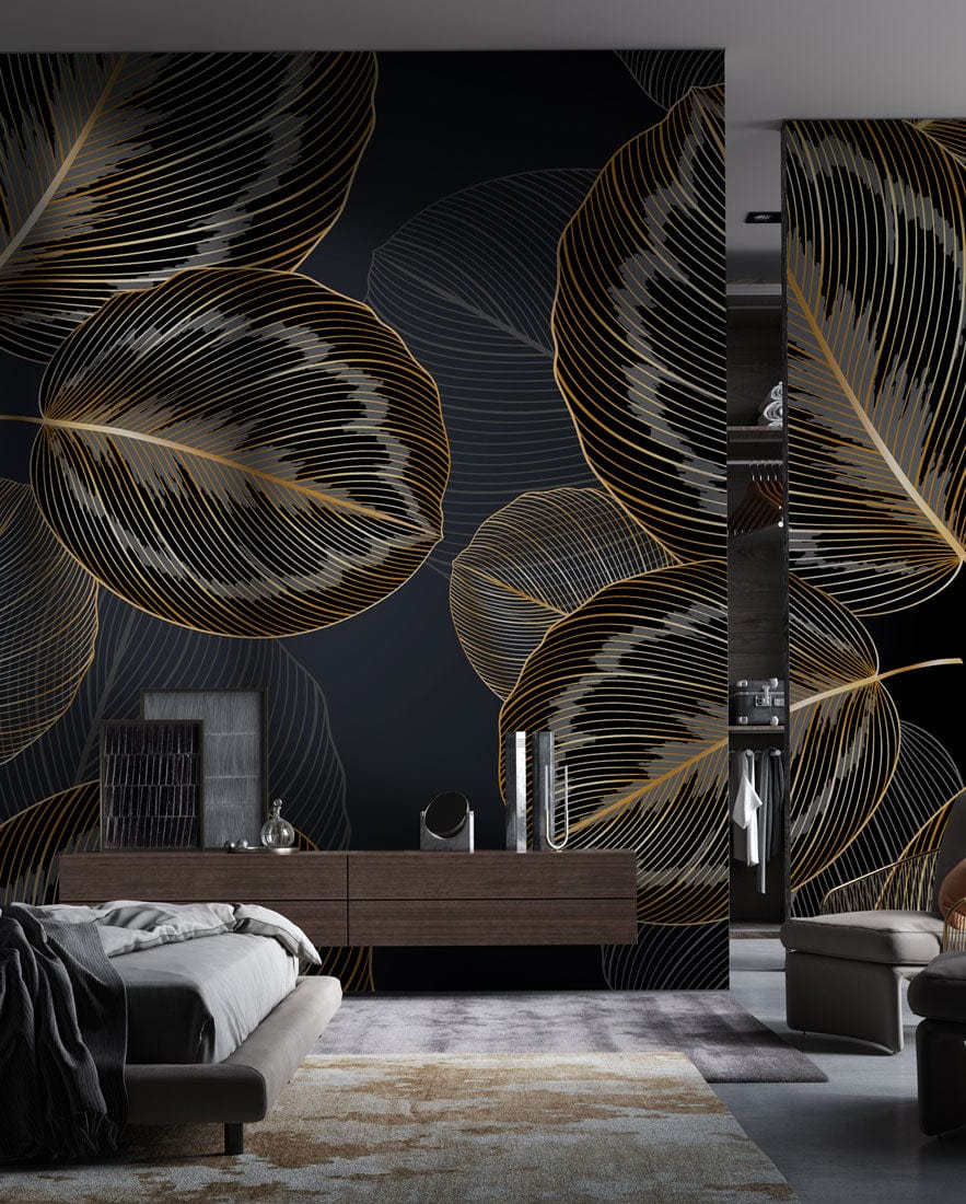 Luxurious gold leaf wallpaper in modern bedroom with grey sofa and dark wood furniture, elegant design.