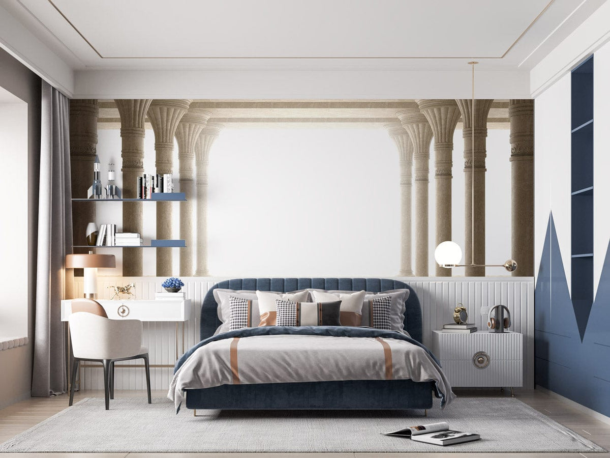 Classic cream stone column mural wallpaper, elegant bedroom design, blue velvet bed, modern decor.