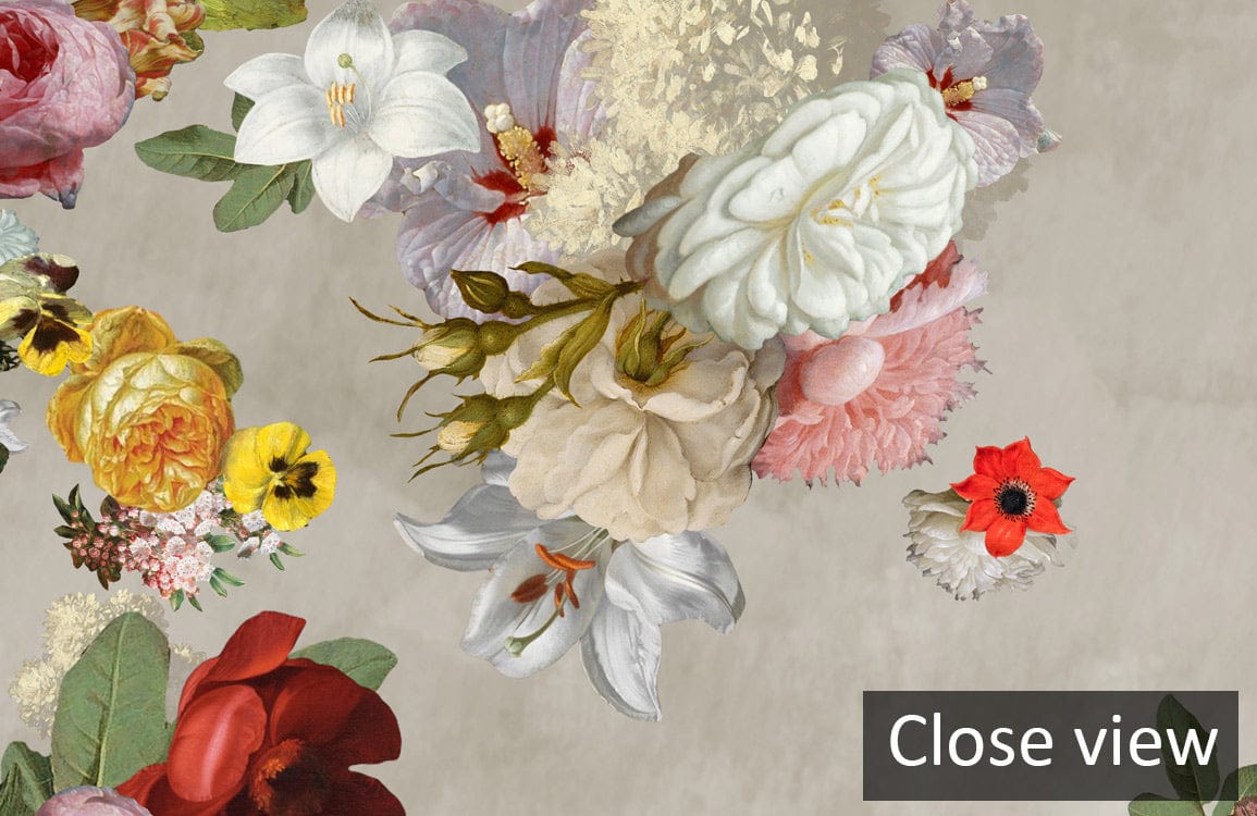 Close-up of elegant floral world map mural wallpaper with vibrant flowers in earthy vintage tones.